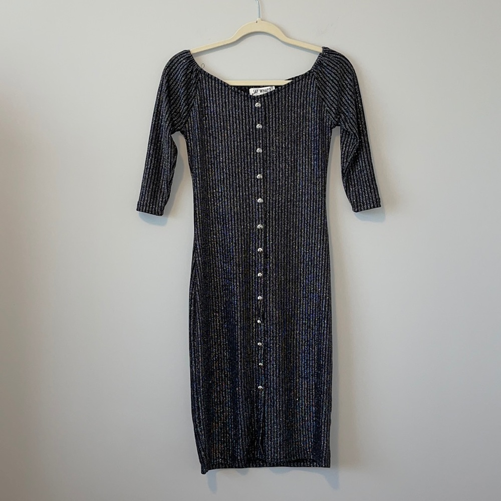 Say What? Off shoulder, sparkly Midi Dress, Sz Sm